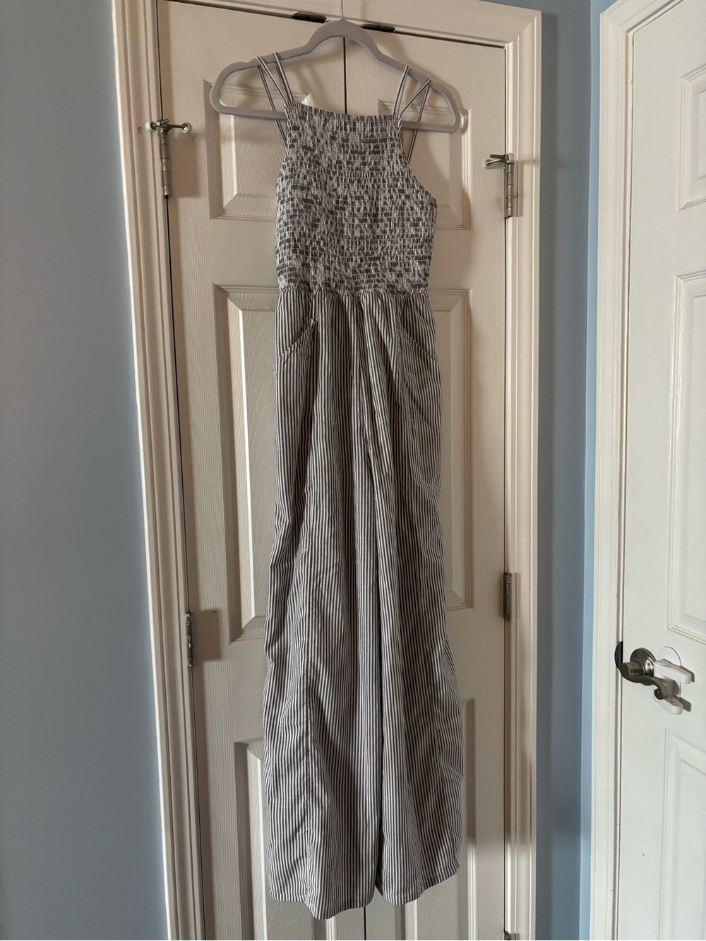 American Eagle Outfitters Gray and White Smocked Jumpsuit